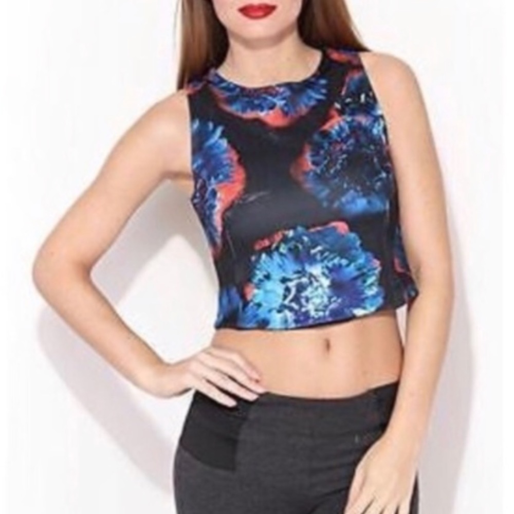 Zara Crop Top Back Zipper Faux Leather Floral Print Small